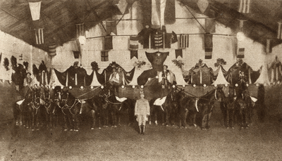 98808 Afbeelding van enkele deelnemers tijdens de Hongaarse Post, onder leiding van kapitein Higly, in de manege van de ...